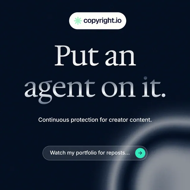 Instagram post for copyright.io: "Put an agent on it." Agentic glass style, centred layout, dark palette in black, grey, blue.