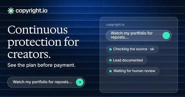 Social ad for copyright.io: "Continuous protection for creators." Agentic glass style, bottom layout, dark palette in black, blue, grey.
