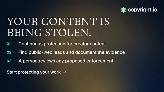 Landscape graphic for copyright.io: "Your content is being stolen." Minimal luxury style, numbered layout, dark palette in black, grey, blue.