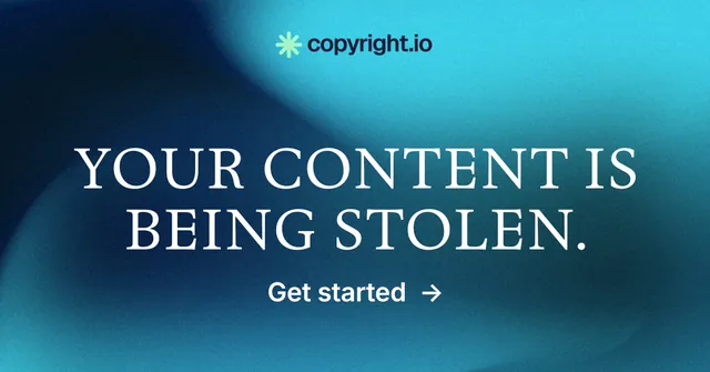 Social ad for copyright.io: "Your content is being stolen." Minimal luxury style, skeleton layout, dark palette in teal, blue.