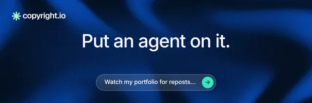 X header for copyright.io: "Put an agent on it." Agentic glass style, centred layout, dark palette in blue, black.