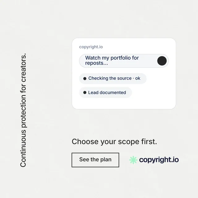 Instagram post for copyright.io: "Continuous protection for creators." Editorial style, vertical layout, light palette in white.