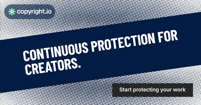 Social ad for copyright.io: "Continuous protection for creators." Retro print style, diagonal layout, dark palette in blue, grey.