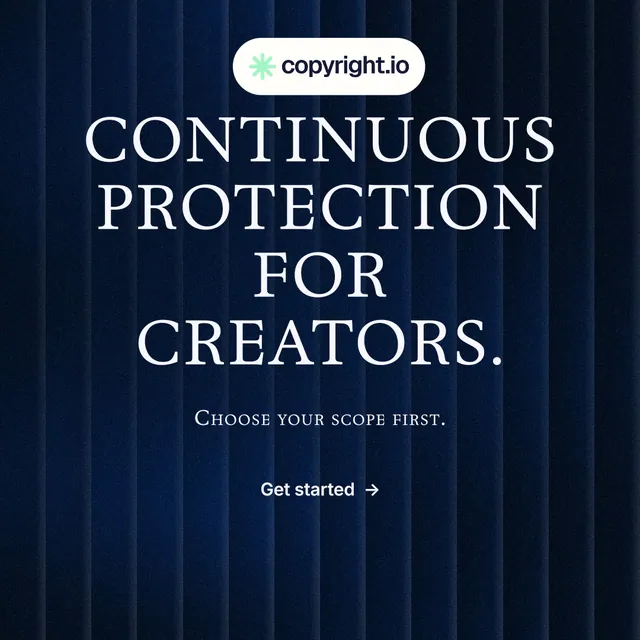 Instagram post for copyright.io: "Continuous protection for creators." Agentic glass style, smallcaps layout, dark palette in black, blue, grey.