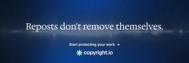 X header for copyright.io: "Reposts don't remove themselves." Minimal luxury style, centred layout, dark palette in blue.