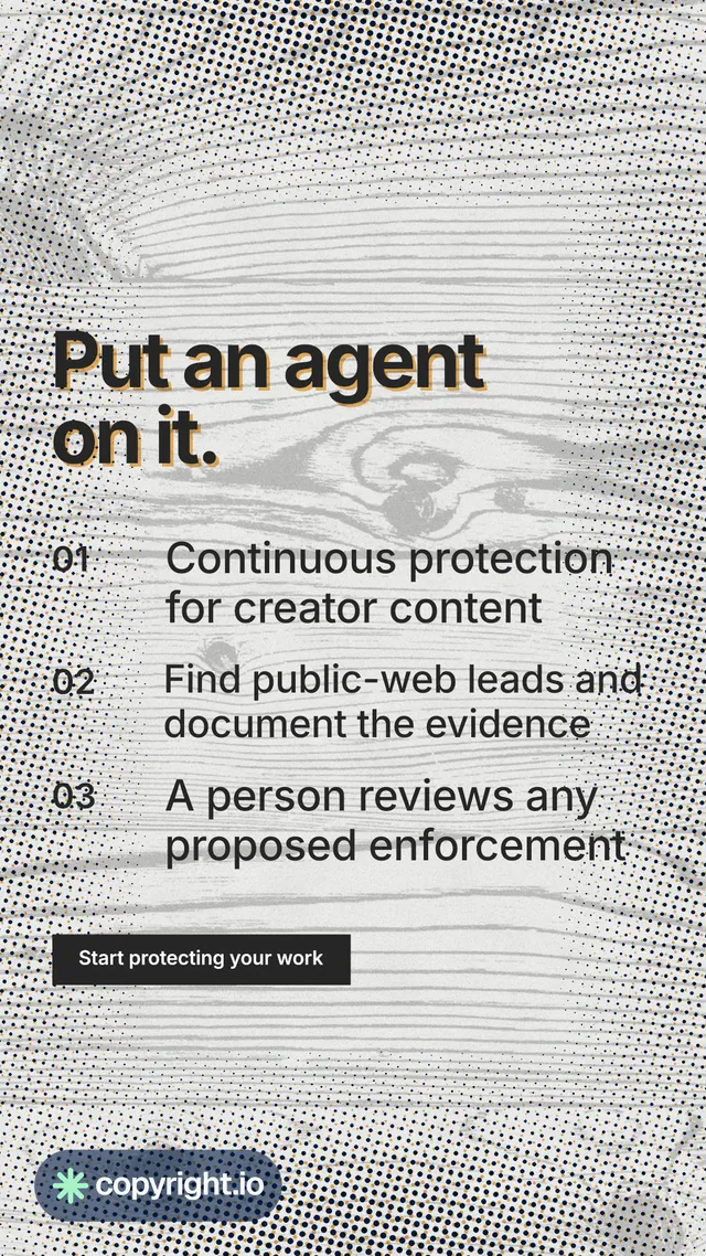 Instagram story for copyright.io: "Put an agent on it." Swiss style, numbered layout, light palette in grey, white.