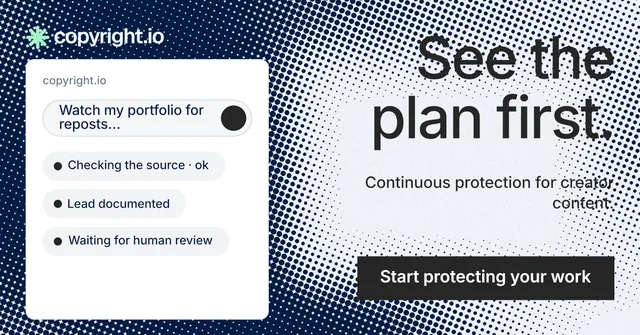 Social ad for copyright.io: "See the plan first." Swiss style, right layout, light palette in grey, blue, white.