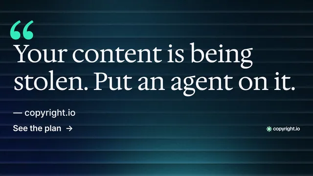 Landscape graphic for copyright.io: "Put an agent on it." Minimal luxury style, quote layout, dark palette in blue, black.