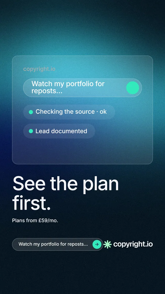 Instagram story for copyright.io: "See the plan first." Agentic glass style, bottom layout, dark palette in black, blue, teal.