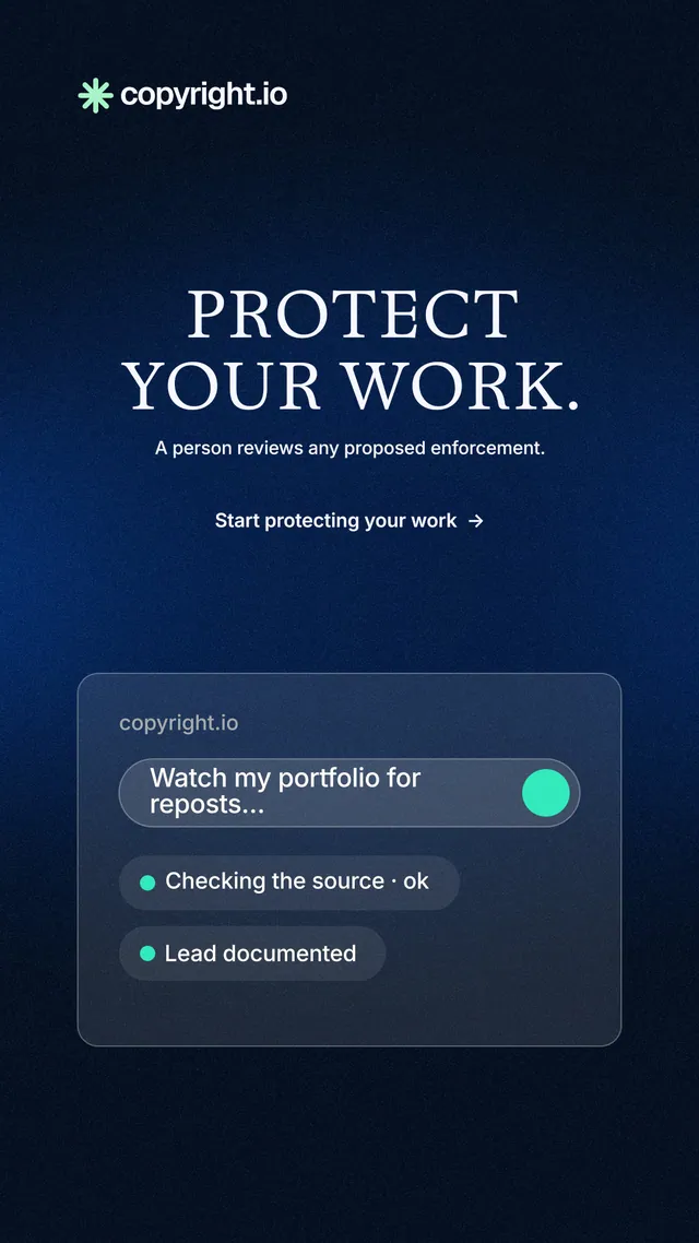 Instagram story for copyright.io: "Protect your work." Minimal luxury style, centred layout, dark palette in blue, black.