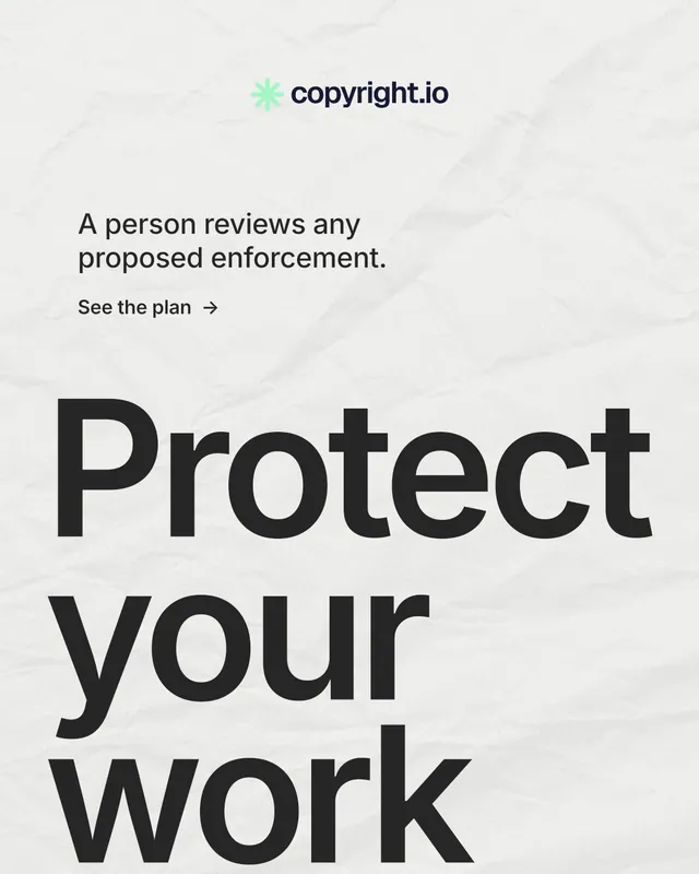 Instagram portrait post for copyright.io: "Continuous protection for creators." Minimal luxury style, oversized layout, light palette in white, grey.