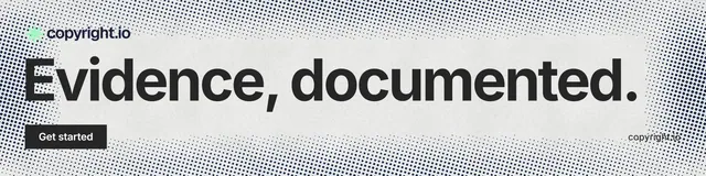 LinkedIn banner for copyright.io: "Evidence, documented." Swiss style, poster layout, light palette in grey, white.