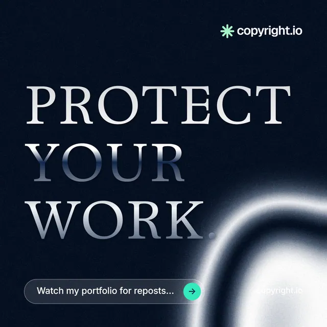 Instagram post for copyright.io: "Protect your work." Agentic glass style, poster layout, dark palette in black, blue, grey.