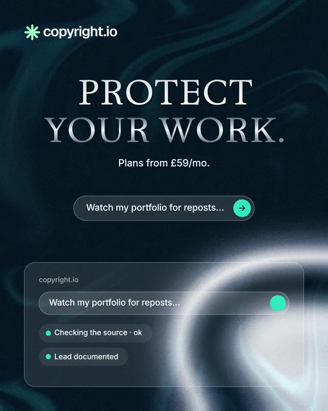 Instagram portrait post for copyright.io: "Protect your work." Agentic glass style, centred layout, dark palette in black, blue, grey.