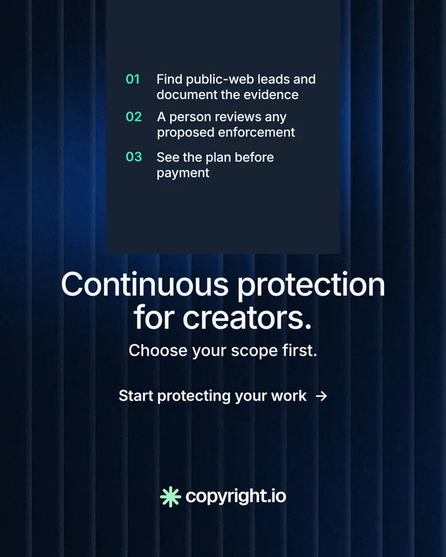 Instagram portrait post for copyright.io: "Continuous protection for creators." Minimal luxury style, skeleton layout, dark palette in black, blue.