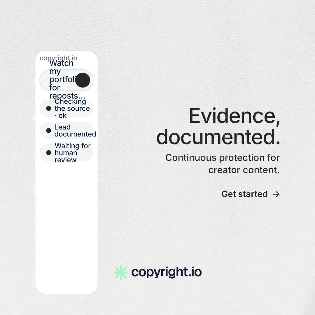 Instagram post for copyright.io: "Evidence, documented." Minimal luxury style, right layout, light palette in white, grey.