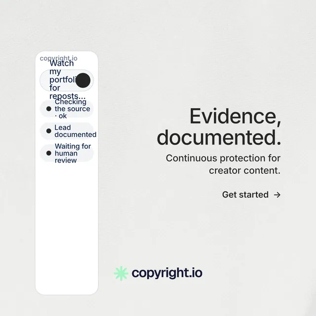 Instagram post for copyright.io: "Evidence, documented." Minimal luxury style, right layout, light palette in white, grey.