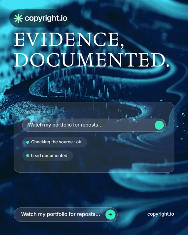 Instagram portrait post for copyright.io: "Evidence, documented." Agentic glass style, poster layout, dark palette in black, blue, teal.