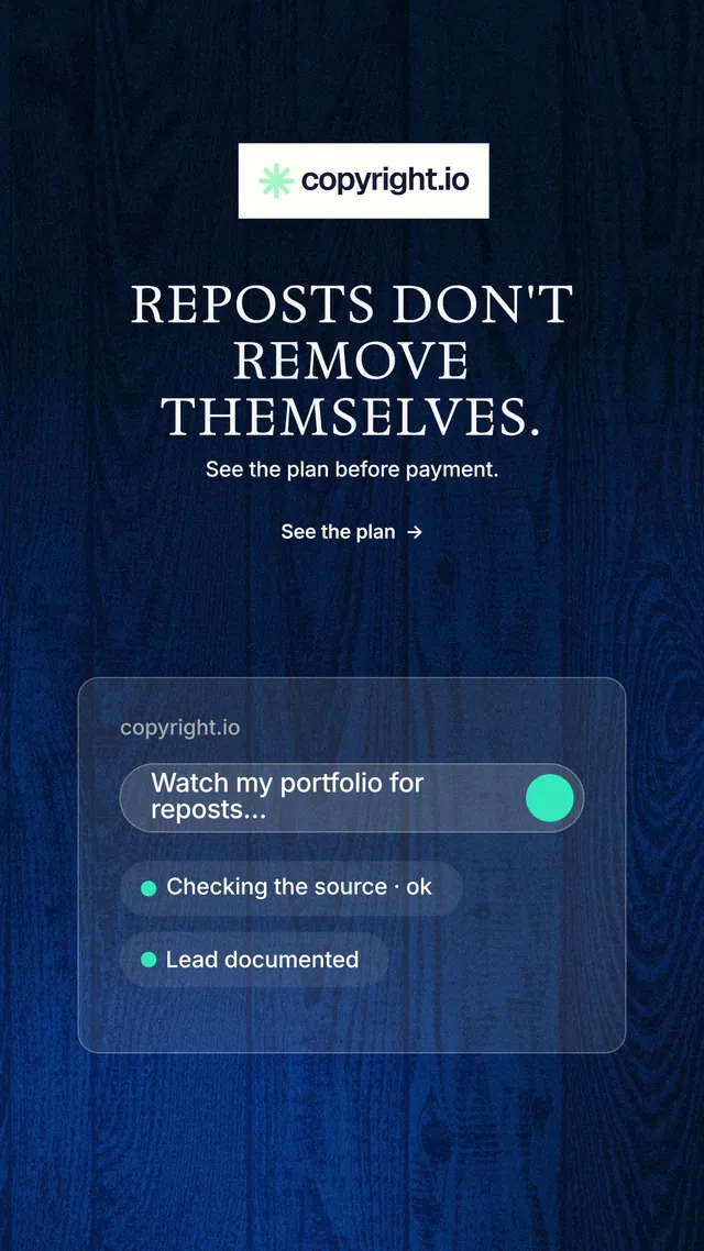 Instagram story for copyright.io: "Reposts don't remove themselves." Minimal luxury style, centred layout, dark palette in blue, black.