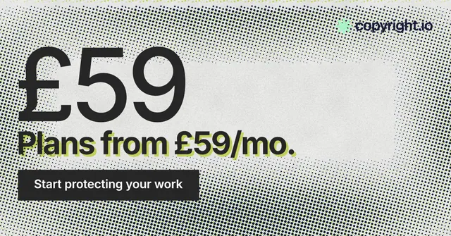 Social ad for copyright.io: "Protect your work." Swiss style, stat layout, light palette in grey, white.