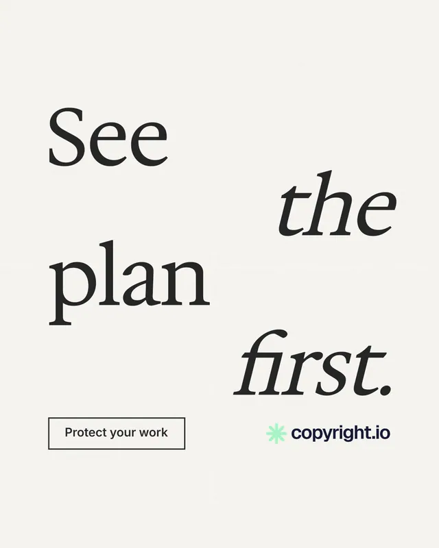 Instagram portrait post for copyright.io: "See the plan first." Editorial style, stacked layout, light palette in white, grey.