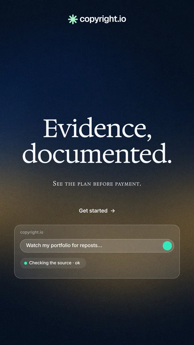 Instagram story for copyright.io: "Evidence, documented." Agentic glass style, smallcaps layout, dark palette in black, grey.