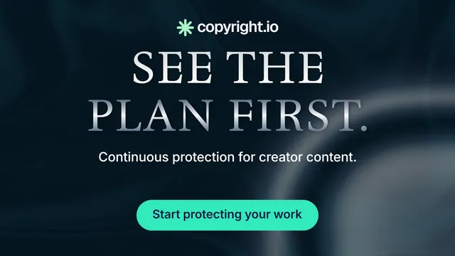 Landscape graphic for copyright.io: "See the plan first." Y2K style, centred layout, dark palette in black, teal, blue.