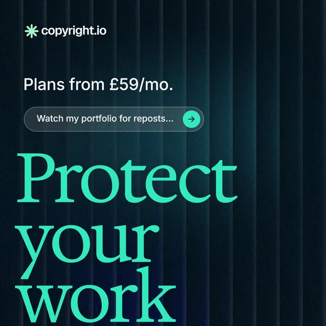 Instagram post for copyright.io: "See the plan first." Agentic glass style, oversized layout, dark palette in black, teal.