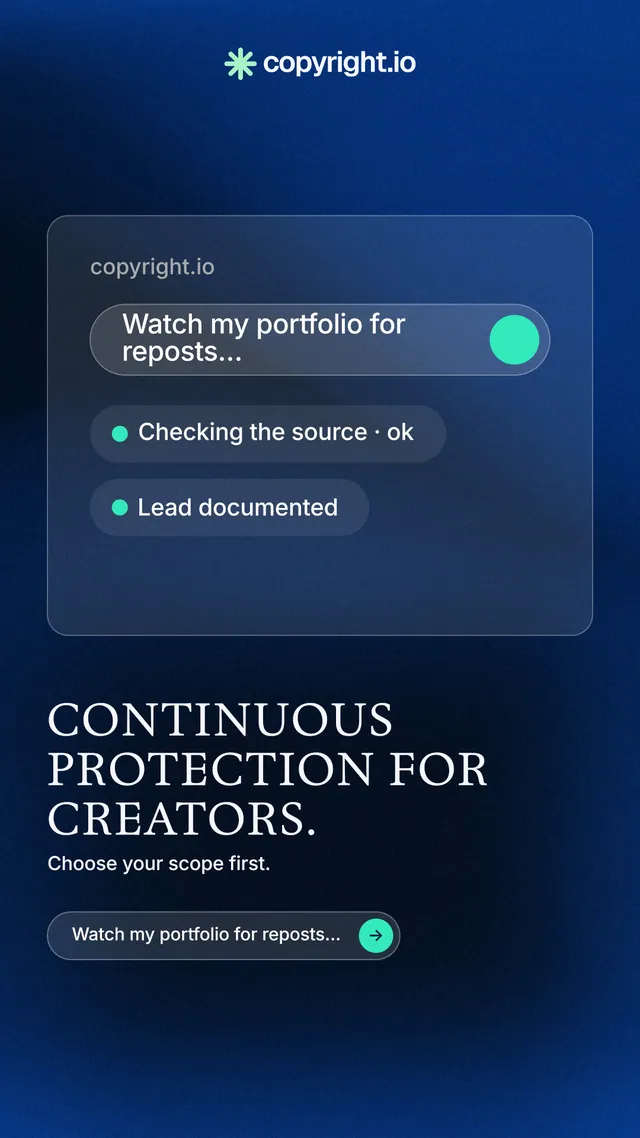 Instagram story for copyright.io: "Continuous protection for creators." Agentic glass style, bottom layout, dark palette in black, blue.