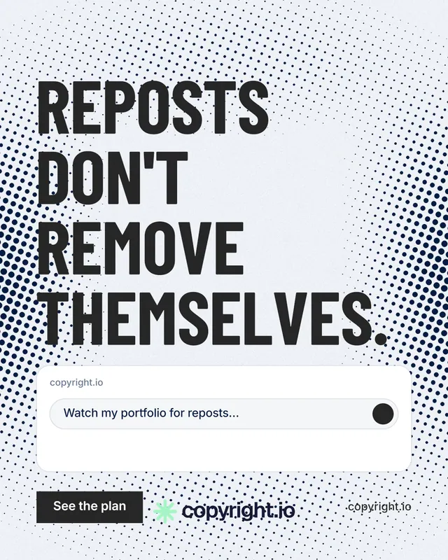 Instagram portrait post for copyright.io: "Reposts don't remove themselves." Retro print style, poster layout, light palette in white, grey.