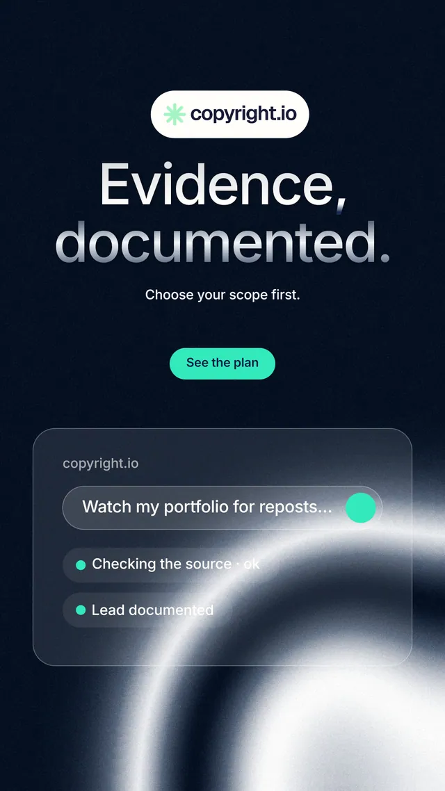 Instagram story for copyright.io: "Evidence, documented." Y2K style, centred layout, dark palette in black, blue, grey.