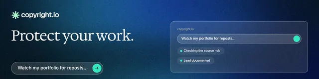 LinkedIn banner for copyright.io: "Protect your work." Agentic glass style, bottom layout, dark palette in blue.