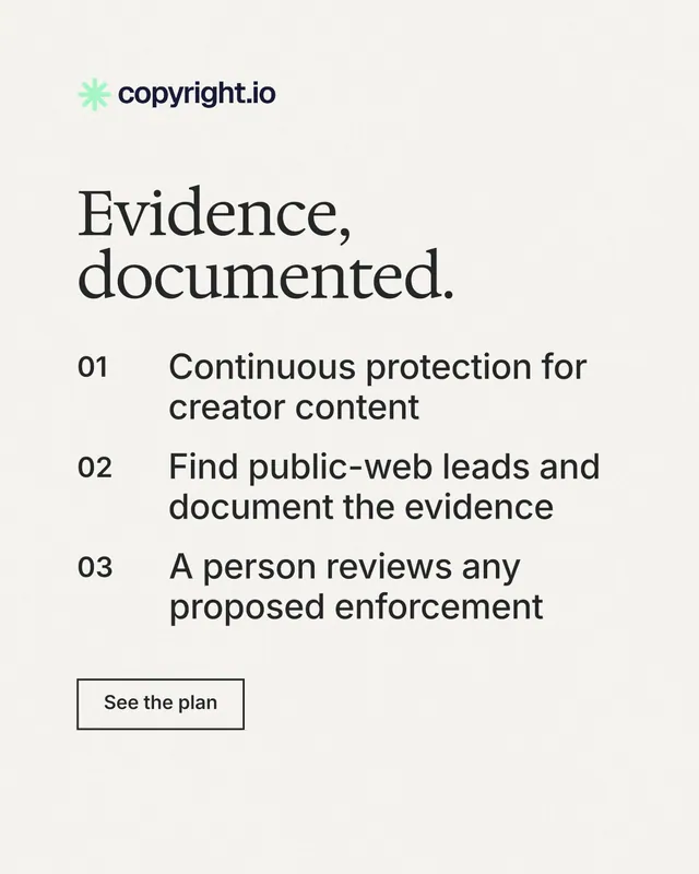 Instagram portrait post for copyright.io: "Evidence, documented." Editorial style, numbered layout, light palette in white.