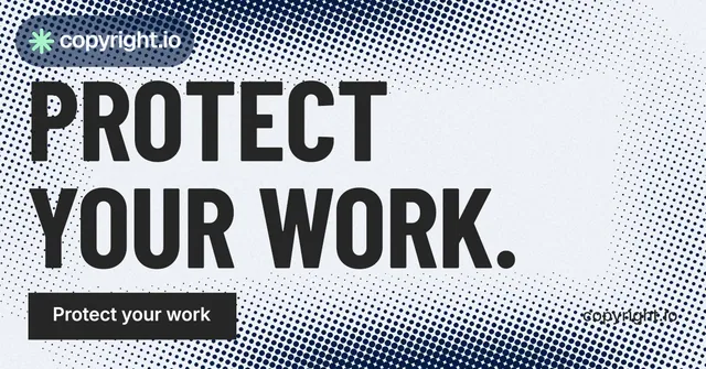 Social ad for copyright.io: "Protect your work." Retro print style, poster layout, light palette in grey, blue, white.