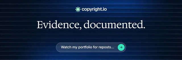 X header for copyright.io: "Evidence, documented." Agentic glass style, centred layout, dark palette in black, blue.