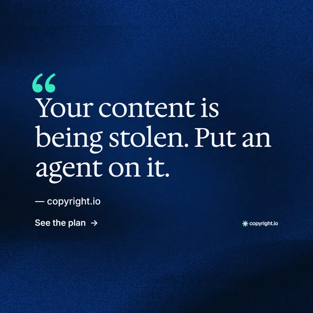 Instagram post for copyright.io: "Reposts don't remove themselves." Minimal luxury style, quote layout, dark palette in blue, black.