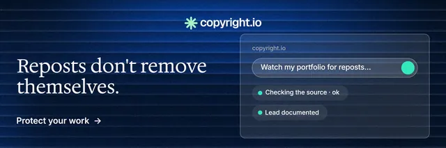 X header for copyright.io: "Reposts don't remove themselves." Minimal luxury style, bottom layout, dark palette in black, blue.