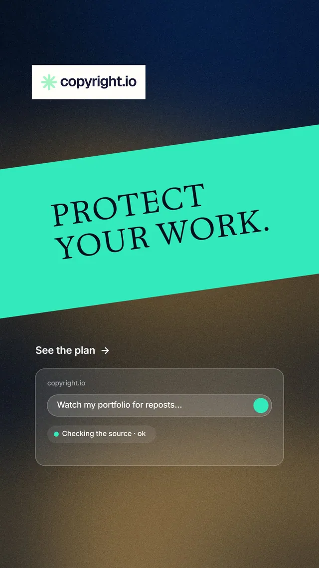 Instagram story for copyright.io: "Protect your work." Minimal luxury style, diagonal layout, dark palette in black, blue, grey.
