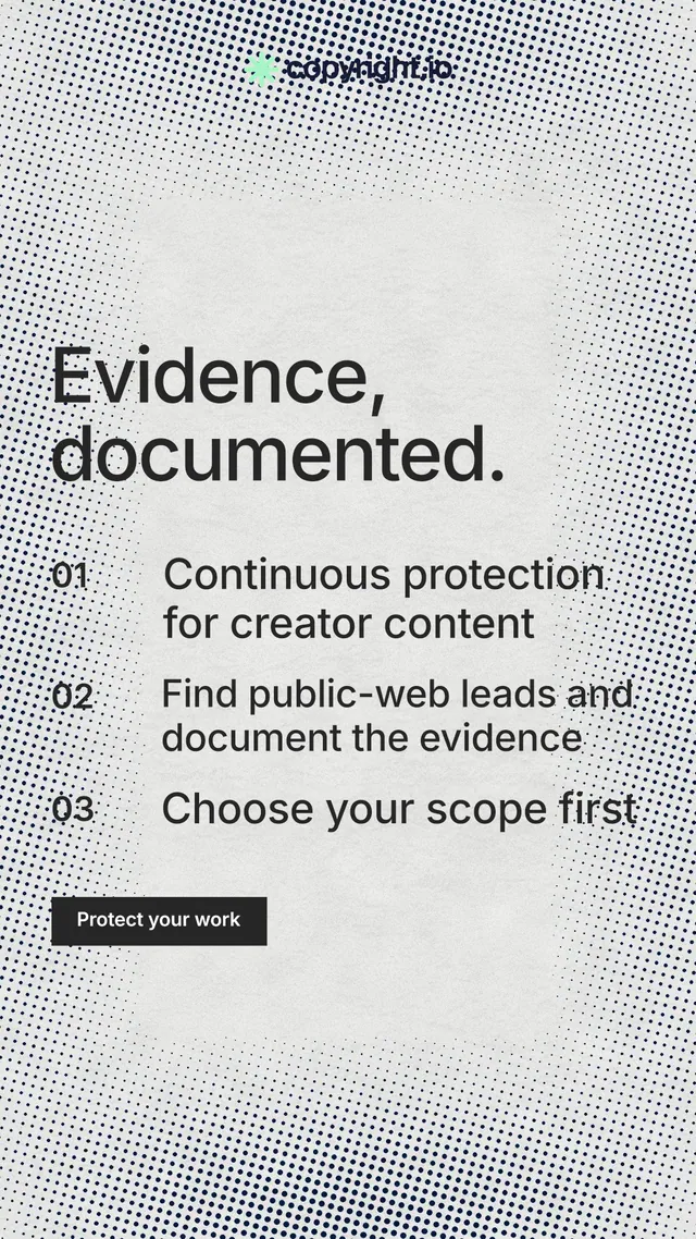Instagram story for copyright.io: "Evidence, documented." Swiss style, numbered layout, light palette in grey, white.
