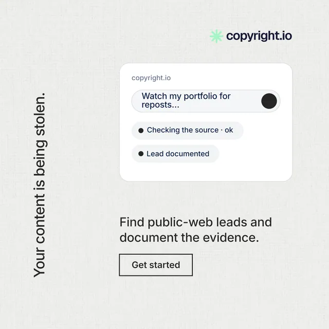 Instagram post for copyright.io: "Your content is being stolen." Editorial style, vertical layout, light palette in white.