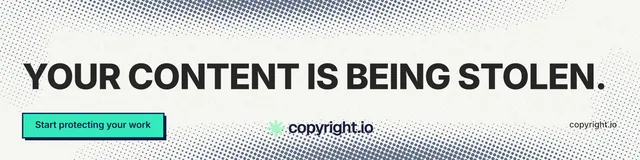 LinkedIn banner for copyright.io: "Your content is being stolen." Brutalist style, poster layout, light palette in white, grey.