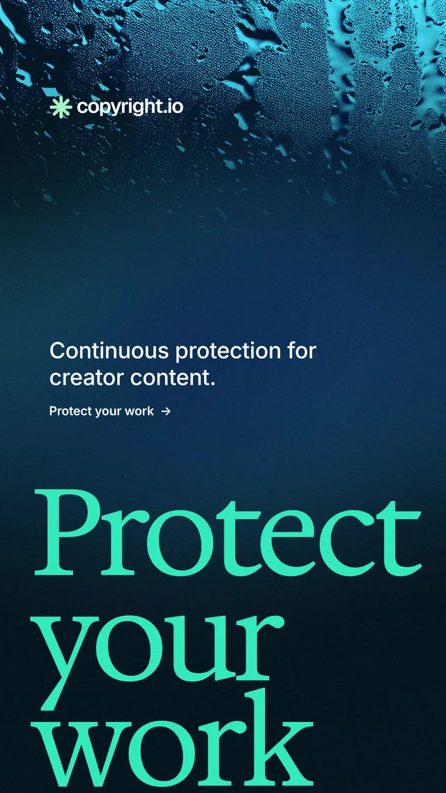 Instagram story for copyright.io: "Reposts don't remove themselves." Minimal luxury style, oversized layout, dark palette in blue, black, teal.