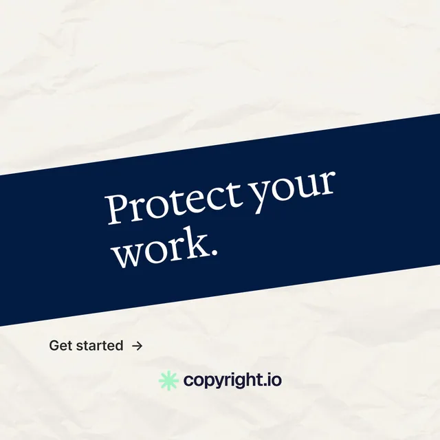 Instagram post for copyright.io: "Protect your work." Minimal luxury style, diagonal layout, light palette in white, blue.