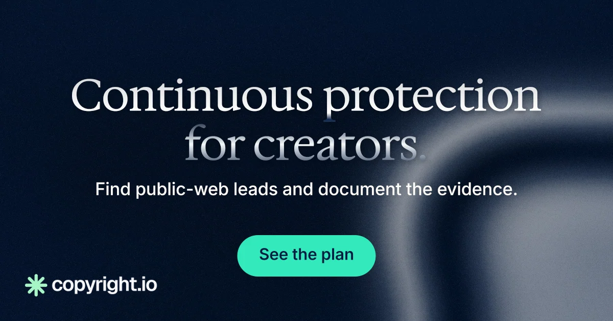 Social ad for copyright.io: "Continuous protection for creators." Y2K style, centred layout, dark palette in black, grey, blue.