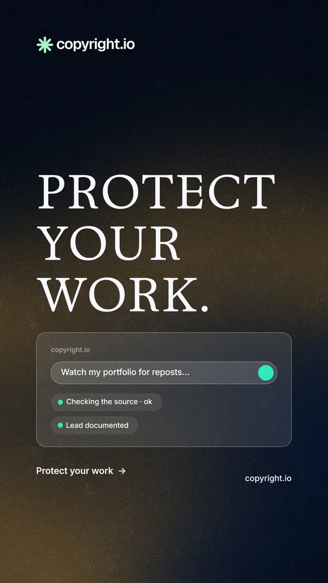 Instagram story for copyright.io: "Protect your work." Minimal luxury style, poster layout, dark palette in black, grey.