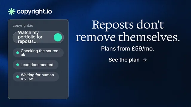 Landscape graphic for copyright.io: "Reposts don't remove themselves." Minimal luxury style, skeleton layout, dark palette in black, blue, grey.