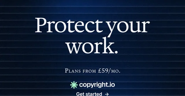 Social ad for copyright.io: "Protect your work." Agentic glass style, smallcaps layout, dark palette in black, blue.