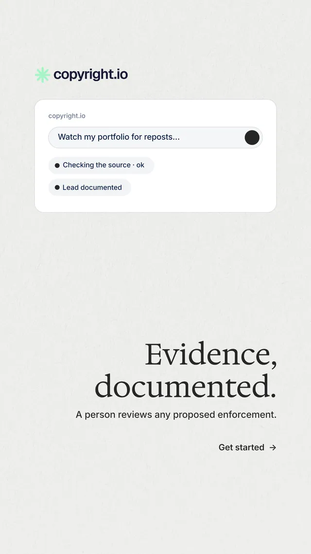 Instagram story for copyright.io: "Evidence, documented." Minimal luxury style, right layout, light palette in white.