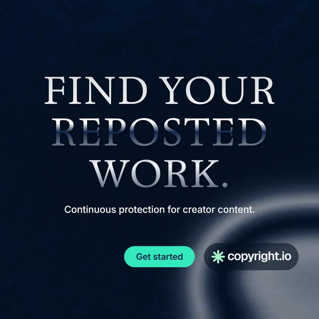 Instagram post for copyright.io: "Find your reposted work." Y2K style, centred layout, dark palette in black, grey.