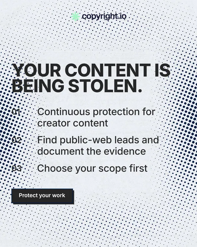 Instagram portrait post for copyright.io: "Your content is being stolen." Brutalist style, numbered layout, light palette in blue, white, grey.